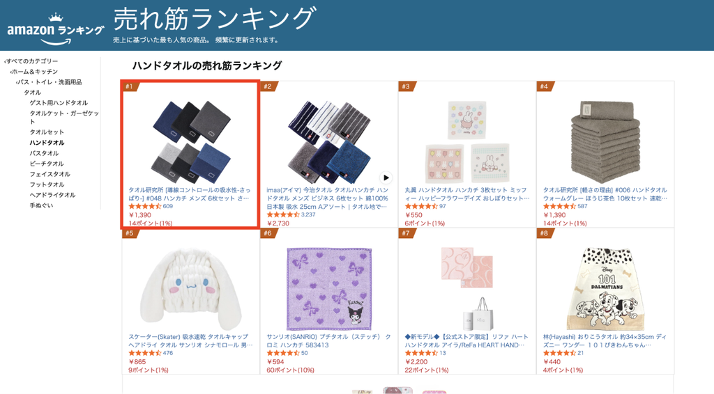 Amazon売れ筋ランキング「ハンドタオル」カテゴリで#048ハンカチが1位(2026年9月30日時点)