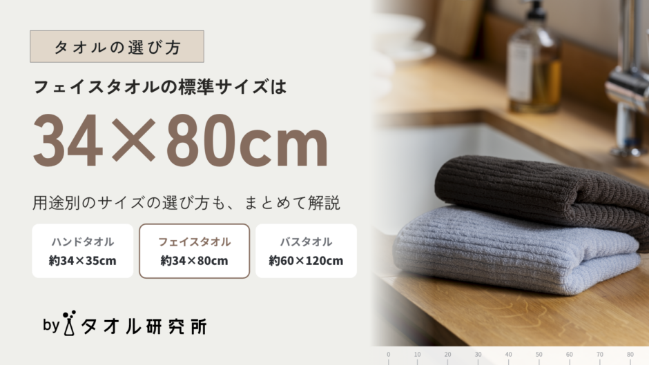 フェイスタオルの標準サイズ34×80cmと、ハンドタオル・バスタオルのサイズ目安を比較したタオル研究所の記事アイキャッチ
