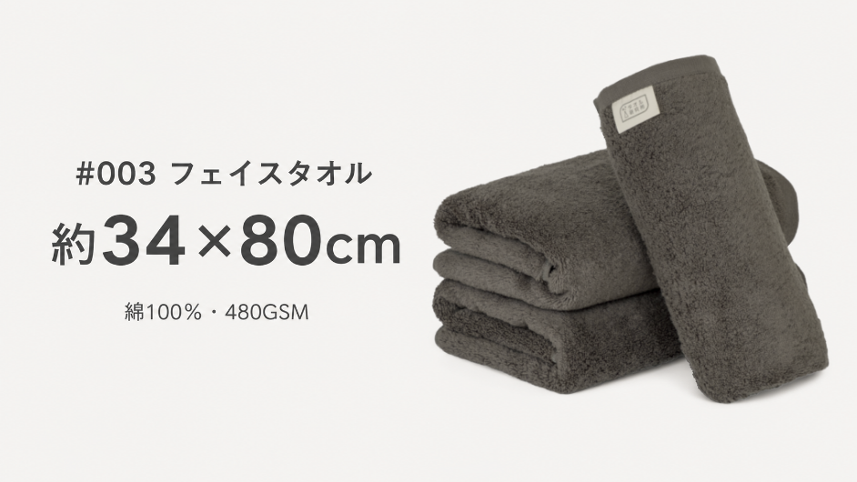 タオル研究所 #003のフェイスタオルを主役に、約34×80cm、綿100%・480GSMの仕様を紹介した商品理解画像