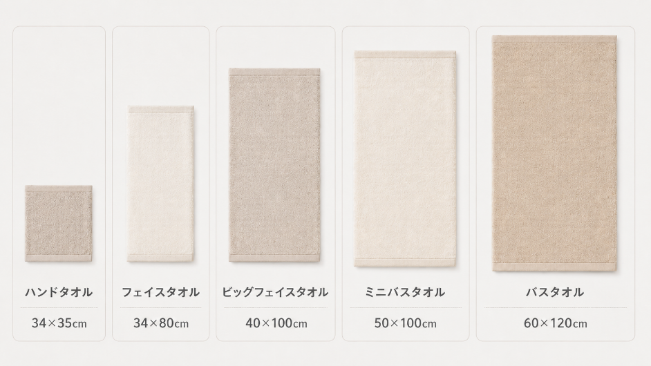 ハンドタオル34×35cm、フェイスタオル34×80cm、ビッグフェイスタオル40×100cm、ミニバスタオル50×100cm、バスタオル60×120cmのサイズ感を横並びで比較した図解